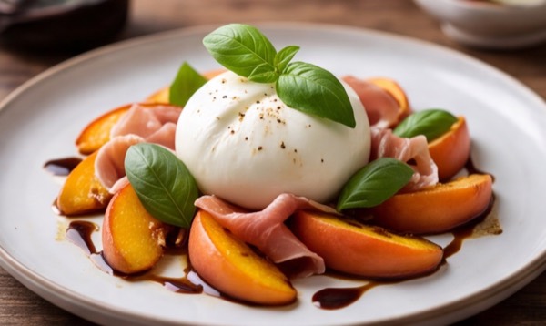 Burrata with roasted peach, cured ham and basil