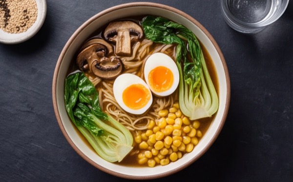 Ramen with miso broth, mushrooms, a soft egg and pak choi