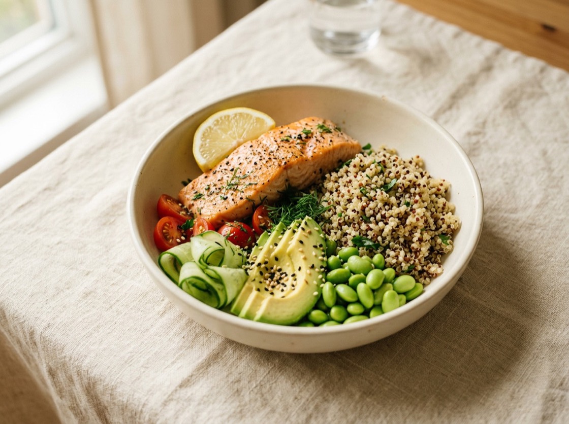 Salmon bowl with quinoa, avocado and edamame
