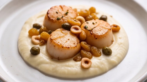 Scallops with cauliflower cream, hazelnuts and brown butter